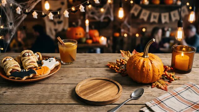 Halloween pumpkin spice drink served with spooky cookies. Festive seasonal treats and autumn refreshments. Halloween party food and beverage. Cozy decorated cafe table.