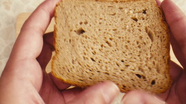 Black rye bread close up, dark brown sliced loaf, borodinsky slavic food, square slices with coriander on white background
