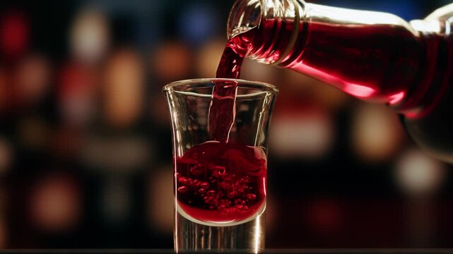 Pouring shot of red bitter, Cognac, whisky, Campari, Aperol, Cherry Vermouth Negroni, spanish wine drink, Alcoholic Americano Cocktail bitter, sweet vermouth and soda water, close up of making drink