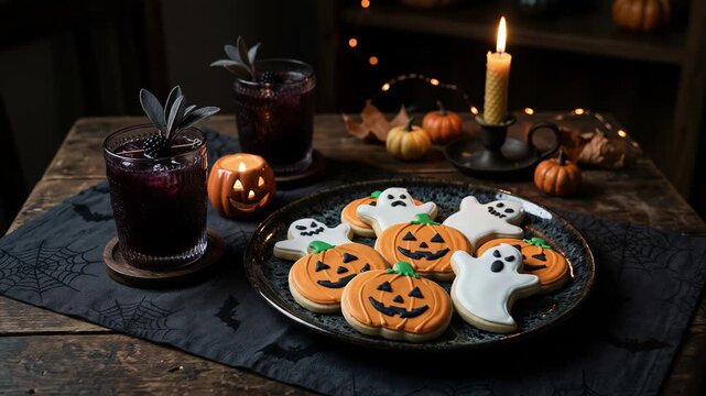 Halloween cookies and dark drinks on a decorated table. Pumpkin and ghost iced treats. Halloween party food and seasonal refreshments. Festive dessert spread.
