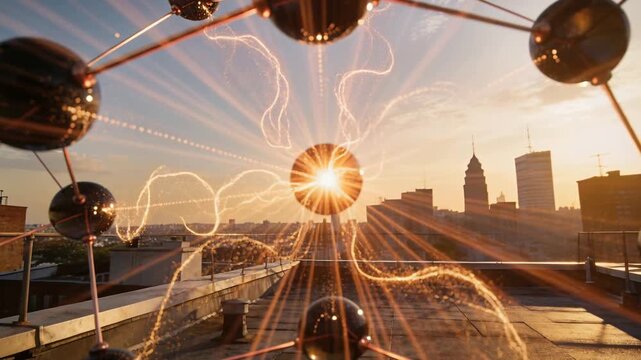 Sparking metal lattice sending traveling energy wave across rooftop, charging central sphere