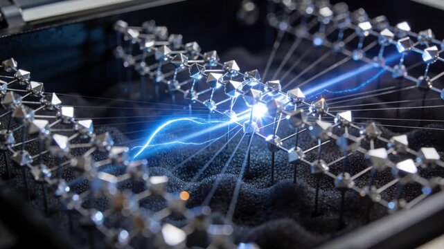 Emerging blue point forming flowing arc across node grid in hinged case lighting nodes, wires