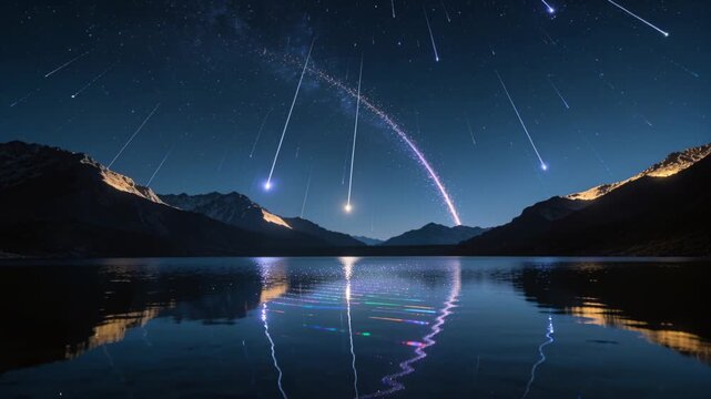 Arcing meteor, spark tail flaring near horizon falling over lake by peaks forming zigzag reflection
