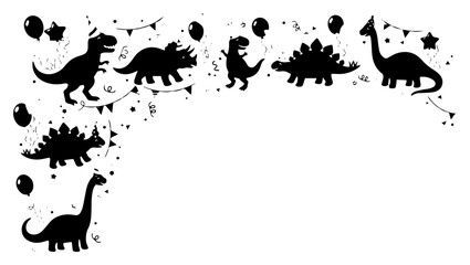 Dinosaur birthday party corner border with colorful balloons and confetti silhouettes © Miracle