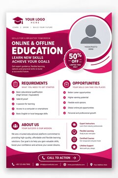 Professional online education flyer template, corporate marketing poster design for school courses, magenta training brochure layout, academic promotion advertisement