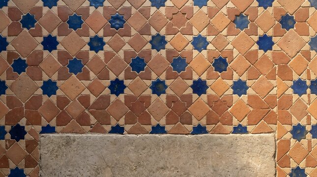 Traditional Islamic ceramic tile pattern with glazed blue eight-pointed stars and terracotta geometric mosaic tiles on an antique architectural stone wall background