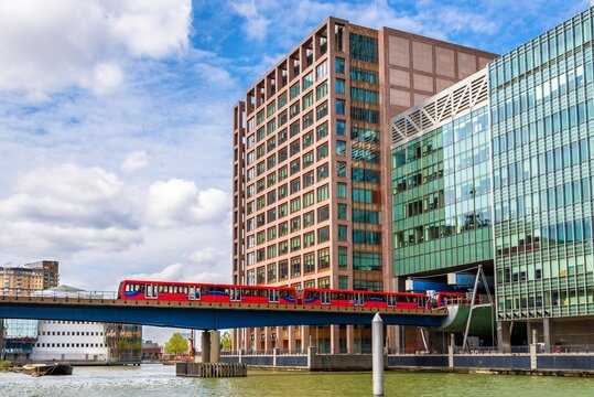 Docklands Light Railway in Canary Wharf business district of Lon on May 1, 2015.
