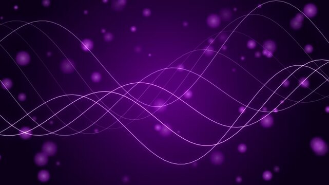Abstract purple wave background featuring glowing light lines and soft bokeh particles creating dynamic motion