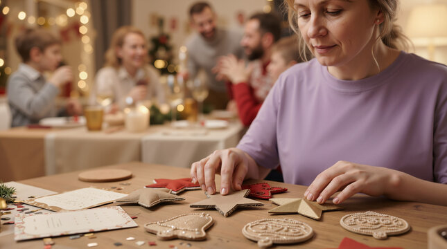 Middle aged Caucasian woman arranging handmade Christmas ornaments on a wooden table. Family gathering for a holiday dinner in the blurred background. Festive winter celebration concept