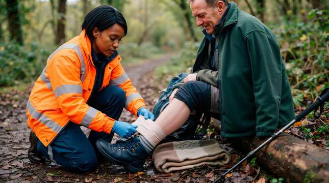Paramedic treating injured hiker in forest. Female emergency worker applying bandage to man leg. Outdoor first aid and rescue concept