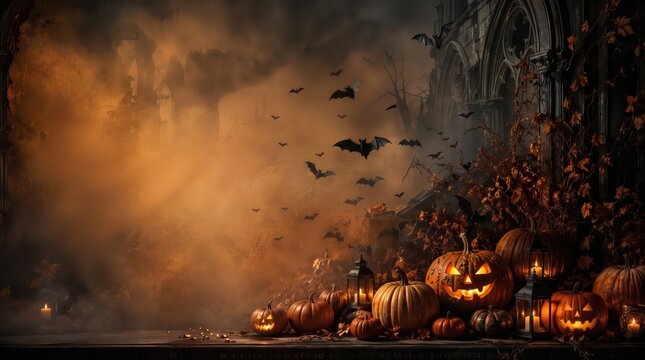 Gothic Halloween Archway Framed by Glowing Jack-o&rsquo;-Lanterns Flying Bats and Autumn Foliage
