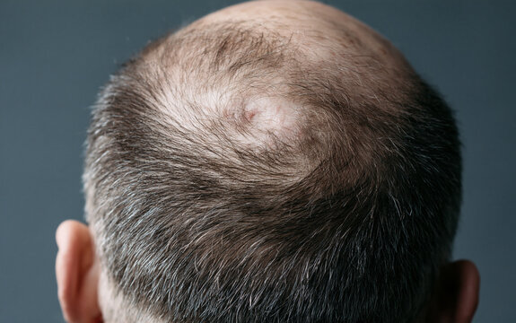 the scalp shows a bald patch from alopecia areata in closeup