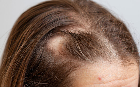the scalp shows a bald patch from alopecia areata in closeup