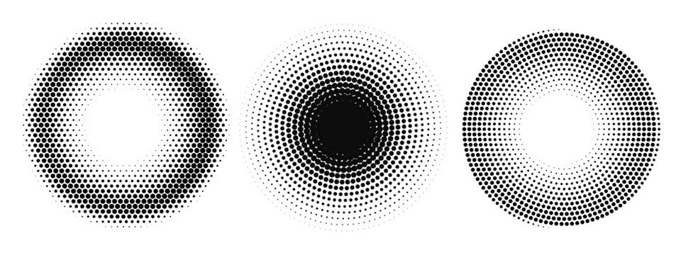 Set of dotted circles with halftone effect. Collection of round shapes with polka dot pattern isolated on white background. Simple design elements. Vector graphic, eps 10