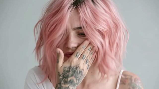 Young woman with pink hair Compulsively and frantically wiping a clean mouth or face with angry.