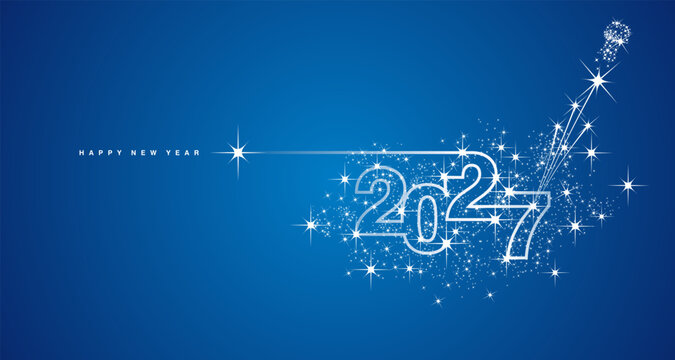 New Year 2027 line design sparkler firework champagne shining white blue vector