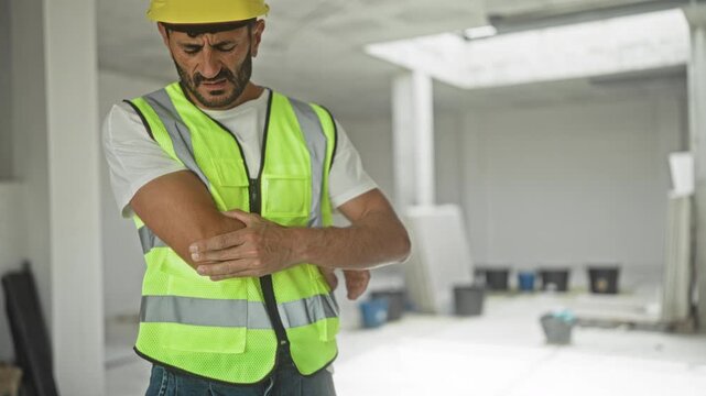 Man hispanic middle age engineer in yellow hardhat and neon vest holds elbow with concerned expression inside an unfinished building; injury concern.