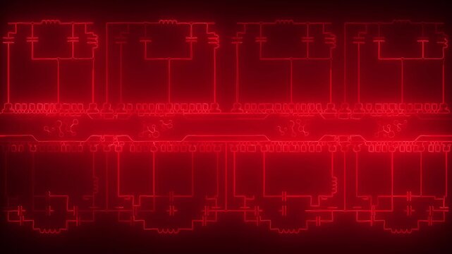 Close-up red glowing circuit board intricate electronic components