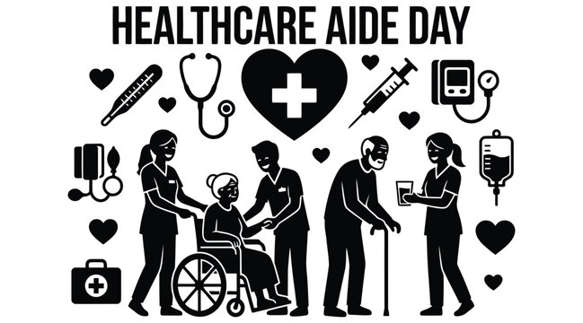 Healthcare workers assisting patients a black vector illustration for aide day celebrations