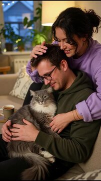Affectionate young couple cuddling their fluffy grey cat at home, sharing a tender moment together on the couch in the evening