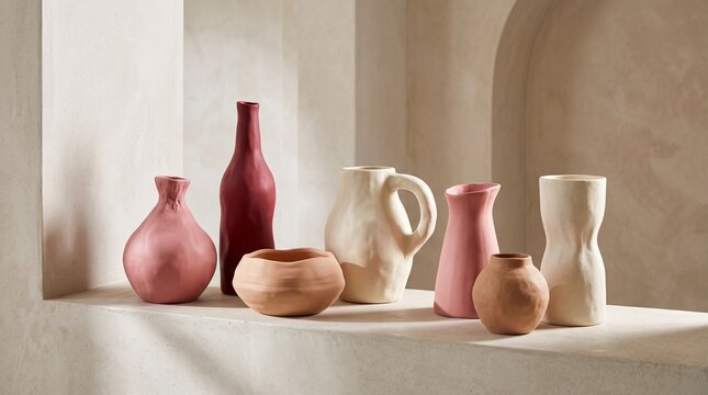 Matte ceramic vases and sculptural vessels arranged on a warm minimalist display ledge