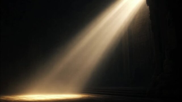 Golden sunbeam illuminating a dark mysterious ancient tomb with volumetric light and mystical god rays