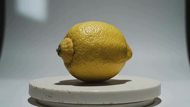 Rotating turntable sending lemon rotating on studio pedestal, showing rind texture under light