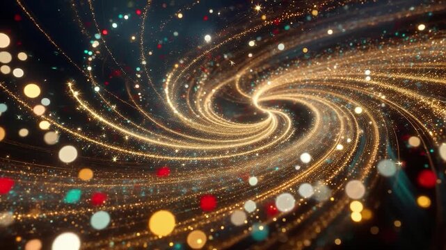 Golden particles and colorful bokeh twisting in a sparkling spiral galaxy on a dark background creating a magical universe
