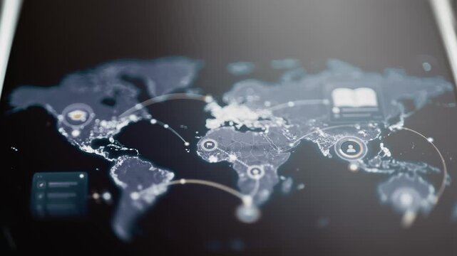 World learning network with glowing nodes and curved connection paths