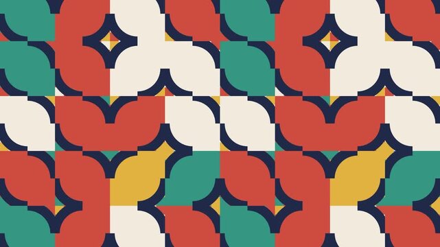 Retro Geometric Tile Pattern Animation with Rotating Quarter Circle Petals in Red, Teal, Cream and Mustard with Navy Outline