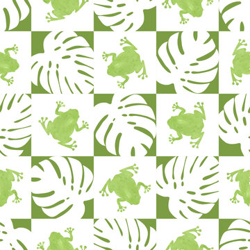 Checkered pattern with cute frogs and monstera leaves. Seamless vector green print