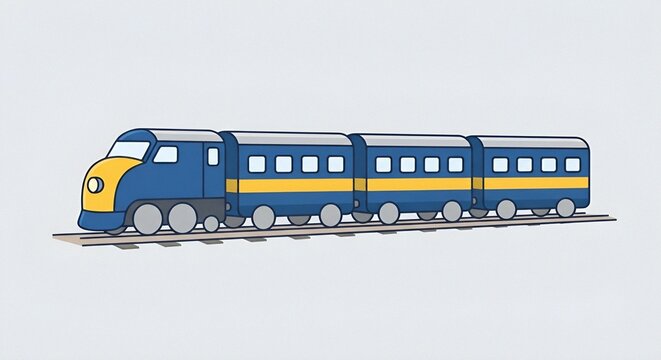 Blue and Yellow Passenger Train Cartoon Illustration on Railway Tracks, Public Transportation