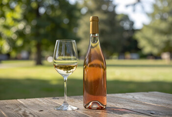 Fototapeta premium Rose wine celebration and summer leisure, bottle and glass on wooden table in park with soft bokeh background for lifestyle and hospitality marketing