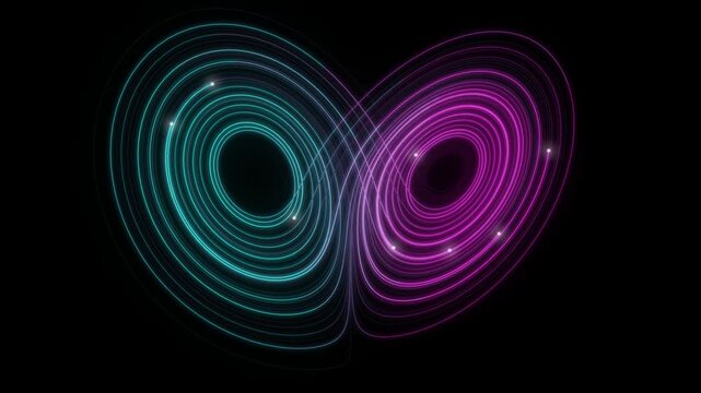 Glowing Lorenz strange attractor trail looping in magenta and cyan on black, chaos theory 4K seamless loop