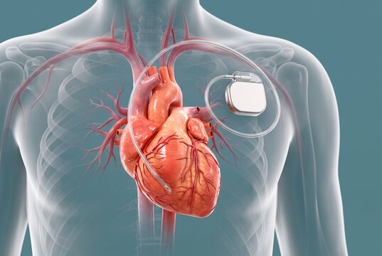 3D medical illustration of implanted cardiac pacemaker with lead wire connected to human heart inside transparent male torso, cardiology and heart rhythm therapy concept