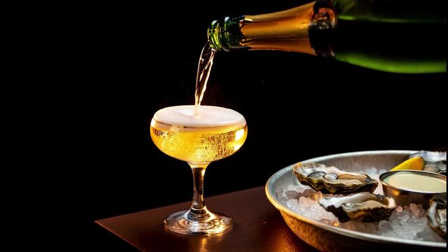 Pouring sparkling champagne in a coupe glass with fresh oysters served on ice in a luxury restaurant