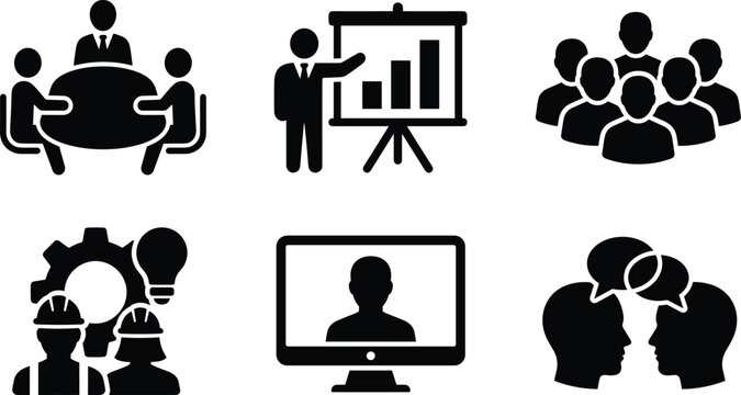 Business teamwork icon set vector illustration featuring corporate meeting presentation team structure engineering collaboration and online conference signs