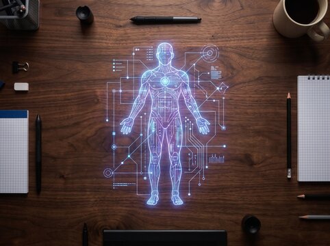 Futuristic human body hologram projected on a wooden desk with office supplies.