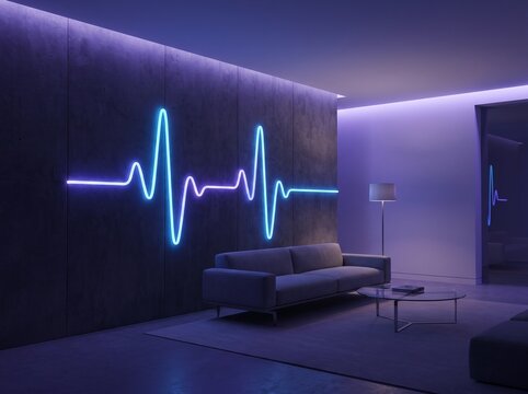 Modern minimalist living room illuminated by a glowing neon heartbeat wave on a concrete wall.