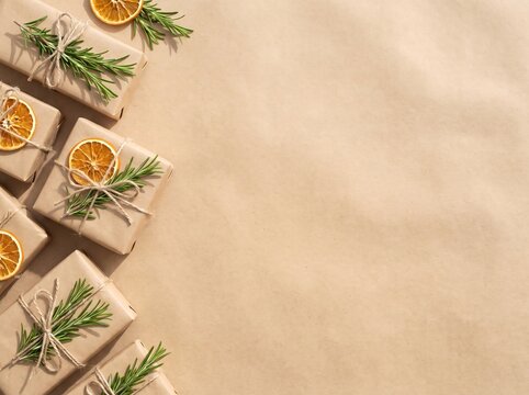 Flat lay of brown gift boxes decorated with dried orange slices and rosemary sprigs on kraft paper, rustic Christmas wrapping concept