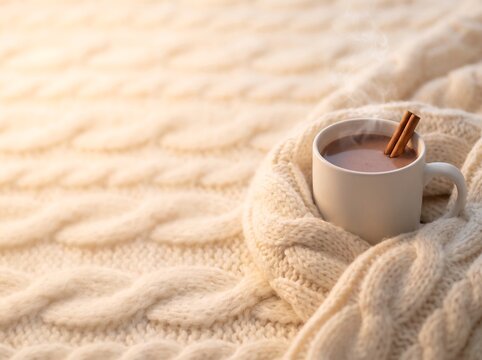 Hot chocolate mug with steaming cocoa and cinnamon sticks wrapped in warm knitted sweater on soft blanket background, cozy winter holiday concept
