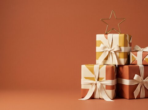 Stacked Christmas gift boxes wrapped in geometric paper with ribbon and wire star on warm terracotta background, holiday shopping concept