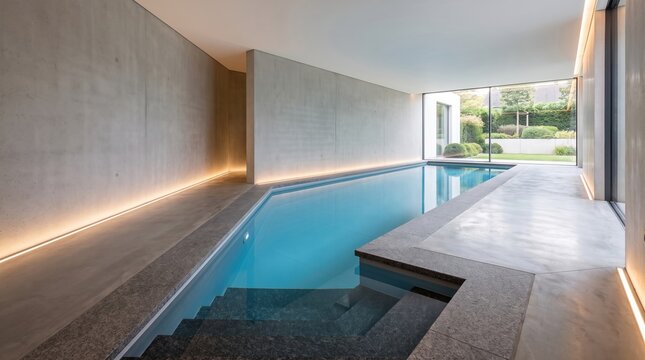 Modern minimalist indoor swimming pool with concrete walls and large garden view window.