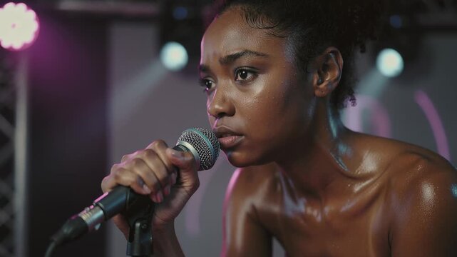Responding to cue, singer leaning into mic singing while performing in strapless top on small stage