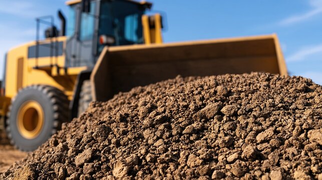 Heavy yellow construction loader machine with large bucket full of dirt and soil on a sunny day