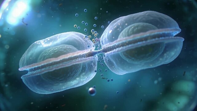 Brightening bridge causing connected lobes separating in bluish fluid, releasing vesicle clusters