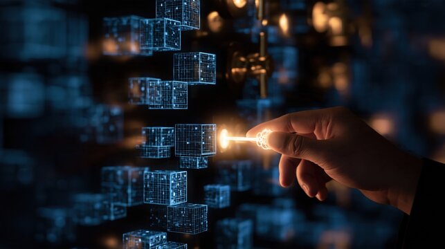Futuristic Hand Interacting with Glowing Digital Blockchain Cubes in Abstract Data Network