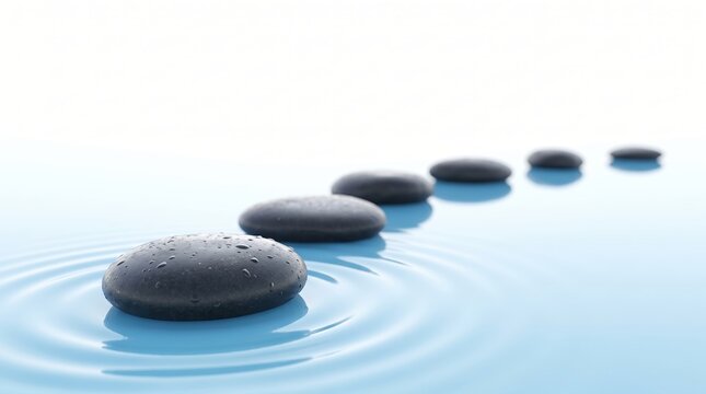 Black stones rest on a calm blue water surface with ripples spreading out from wet surfaces creating a feeling of harmony and relaxation in a quiet space