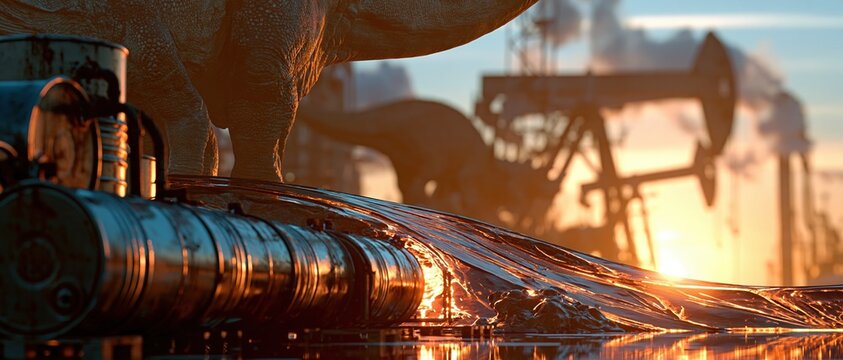 Oil spill on industrial site with dinosaur leg and pump jacks at sunset