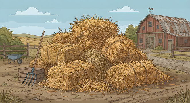 Hay bales and pitchfork on a farmyard with a red barn